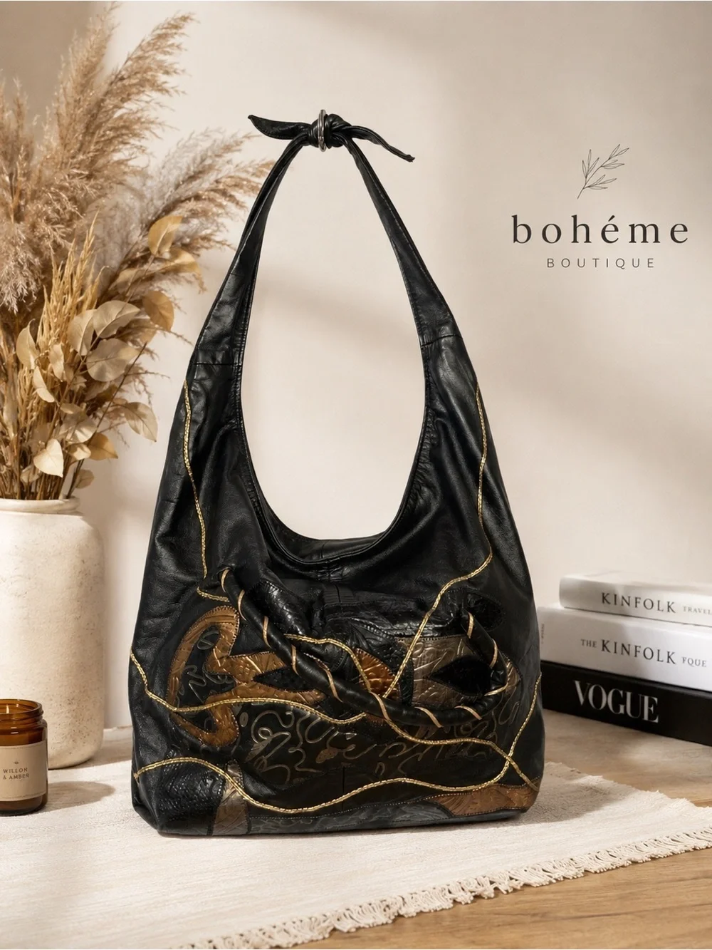 VTG Black Genuine Leather Patchwork Hobo Bag Boho Slouchy Shoulder Purse